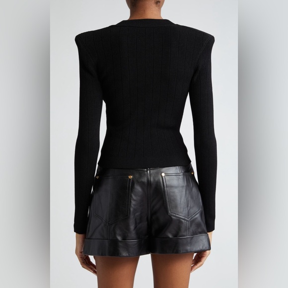 Balmain V-Neck Crop Pointelle Rib Cardigan in Black - Picture 2 of 7